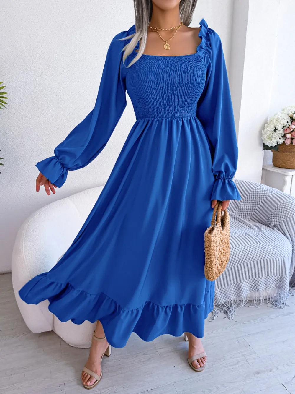 Smocked Square Neck Flounce Sleeve Dress - alternate view 29