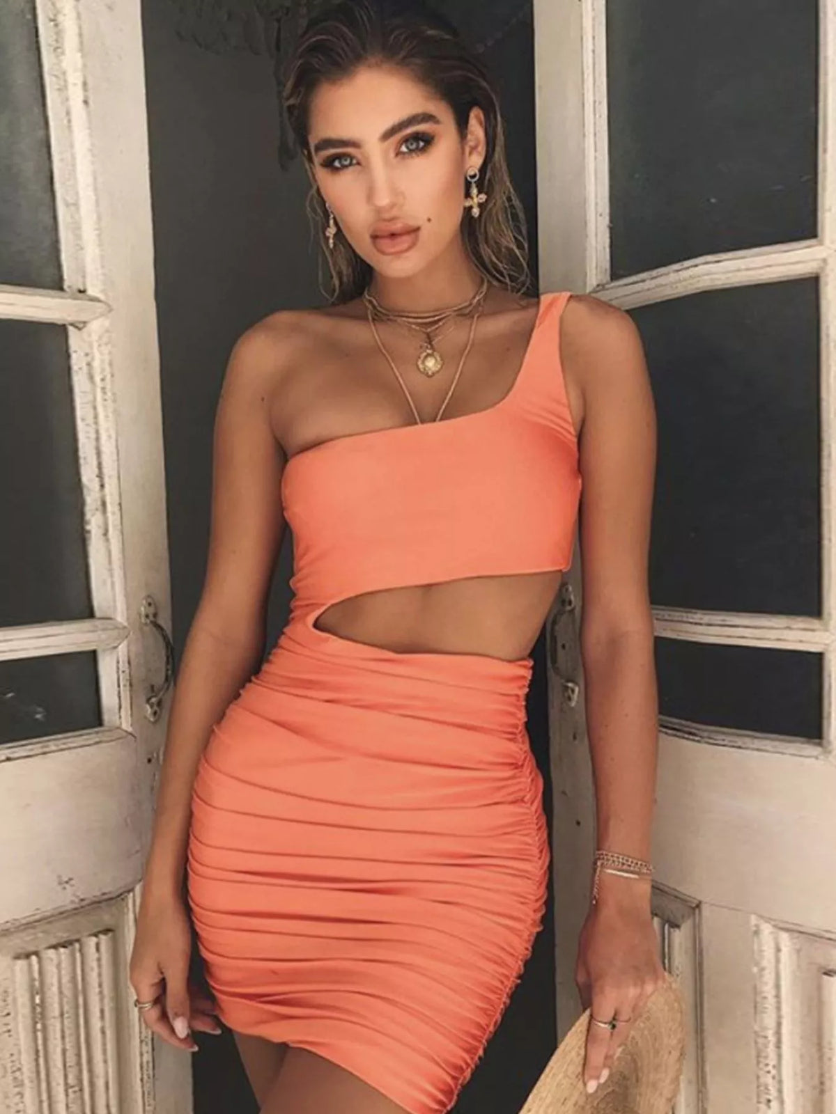 One-Shoulder Cutout Ruched Bodycon Mini Dress - alternate view 76
