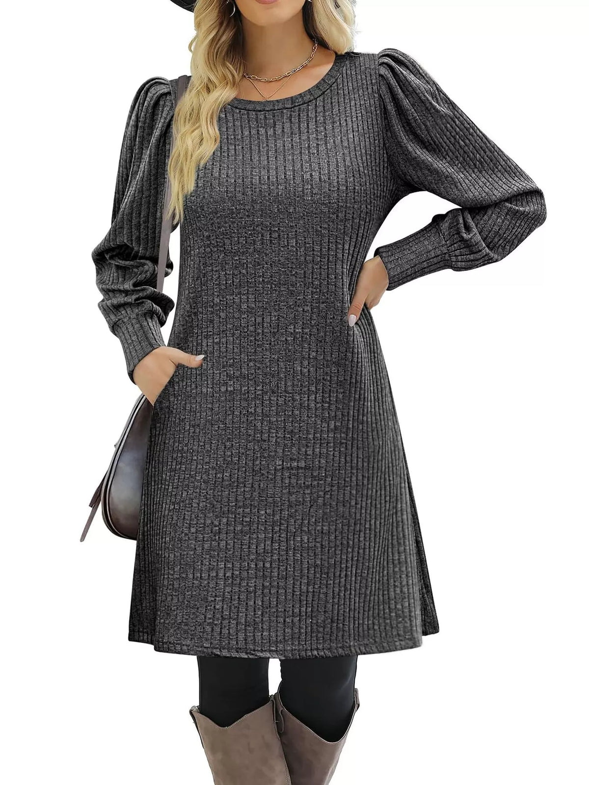 Puff Sleeve Ribbed Knit Dress with Pockets - alternate view 3