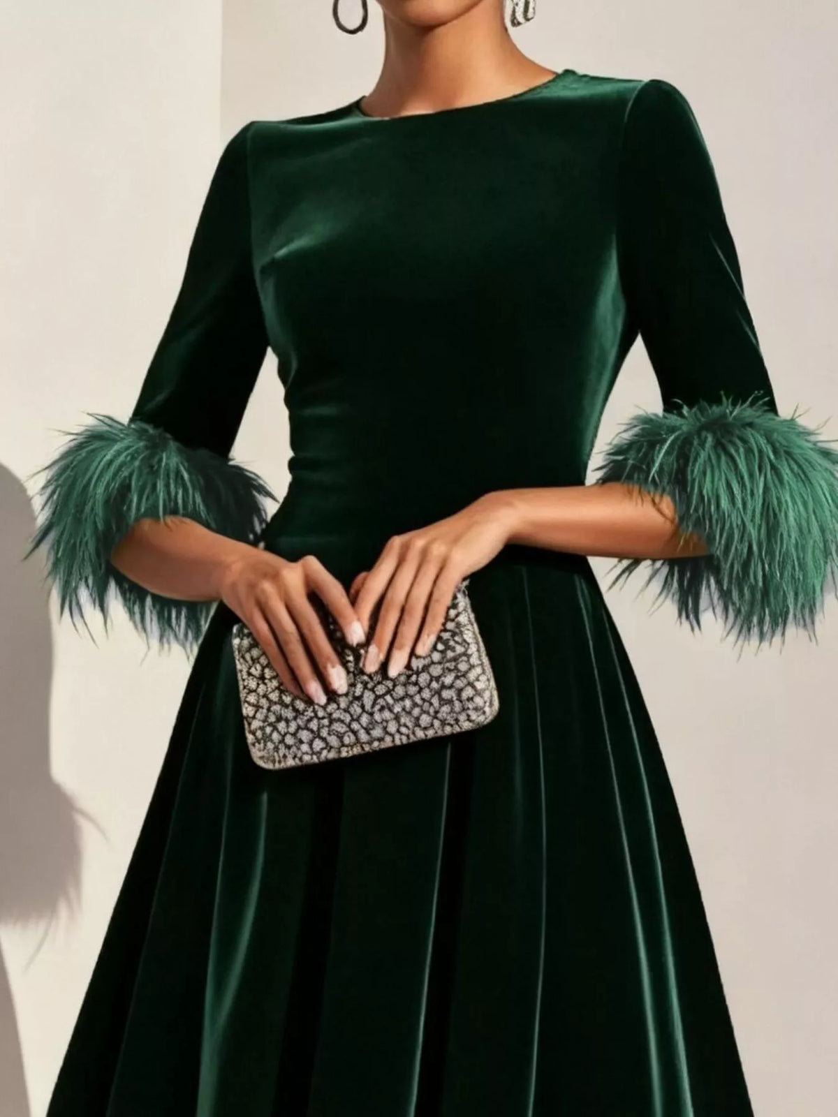 Velvet Midi Dress with Feather Cuffs - alternate view 6