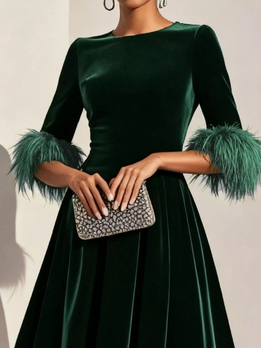 Velvet Midi Dress with Feather Cuffs - alternate view 6