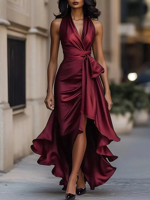 High-Low Ruffled Satin Maxi