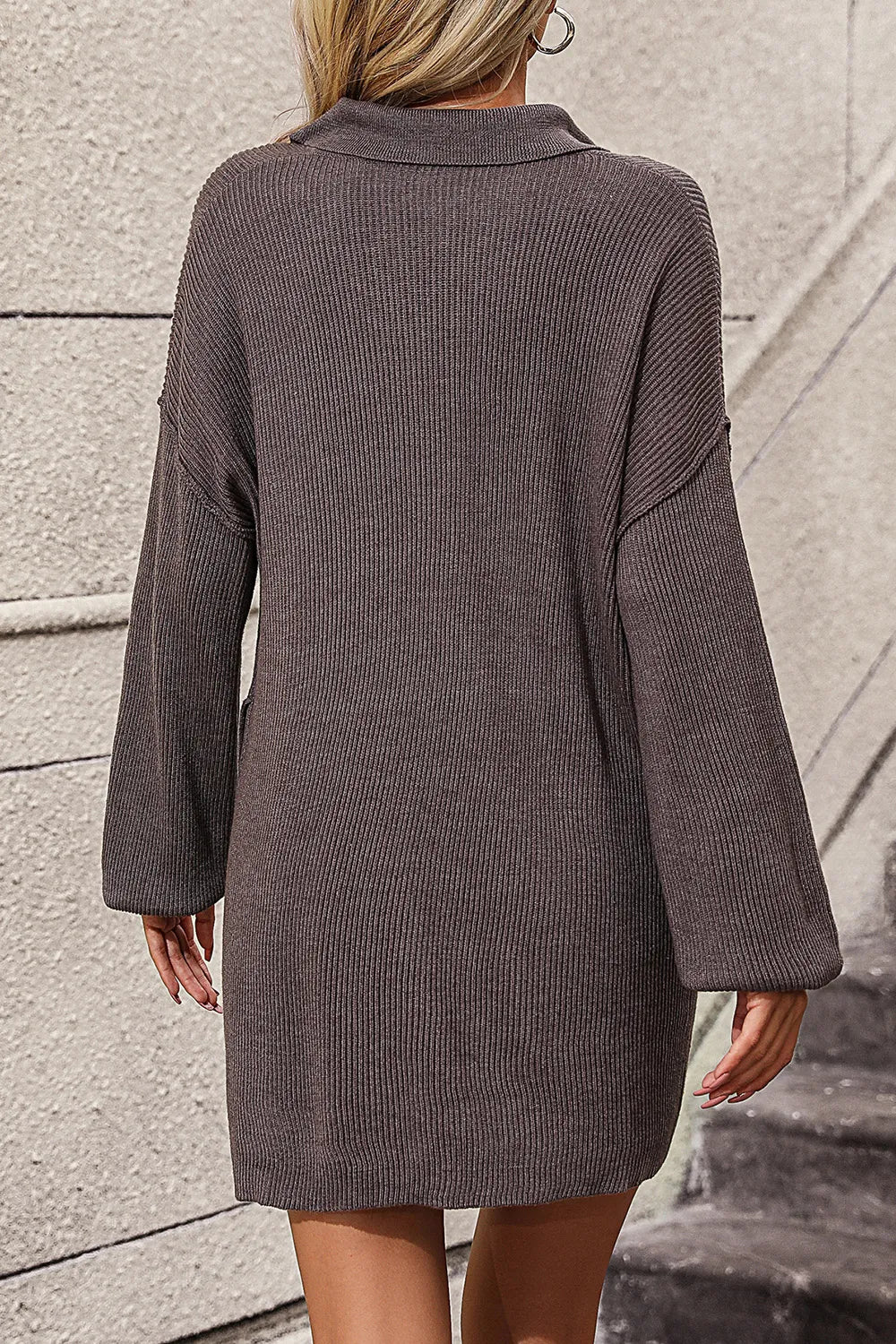 Collared Neck Long Sleeve Sweater Dress with Pockets - alternate view 1