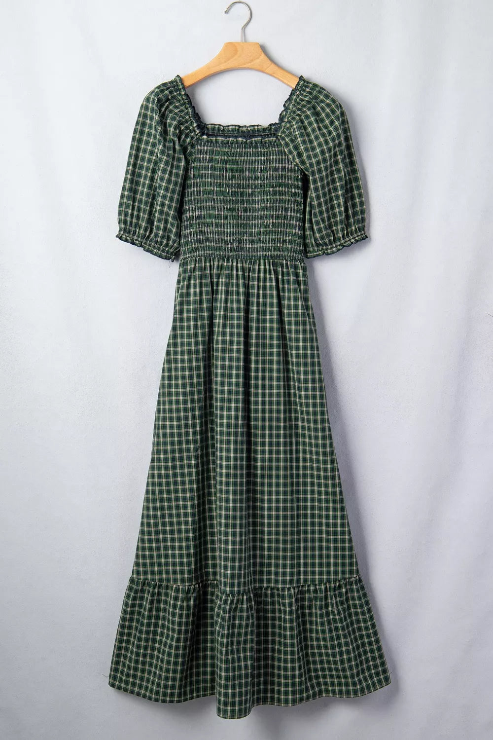 Plaid Square Neck Shirred High Waist Ruffle Hem Maxi Dress - alternate view 6