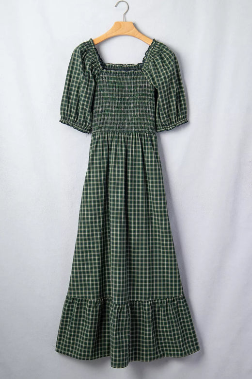 Plaid Square Neck Shirred High Waist Ruffle Hem Maxi Dress - alternate view 6