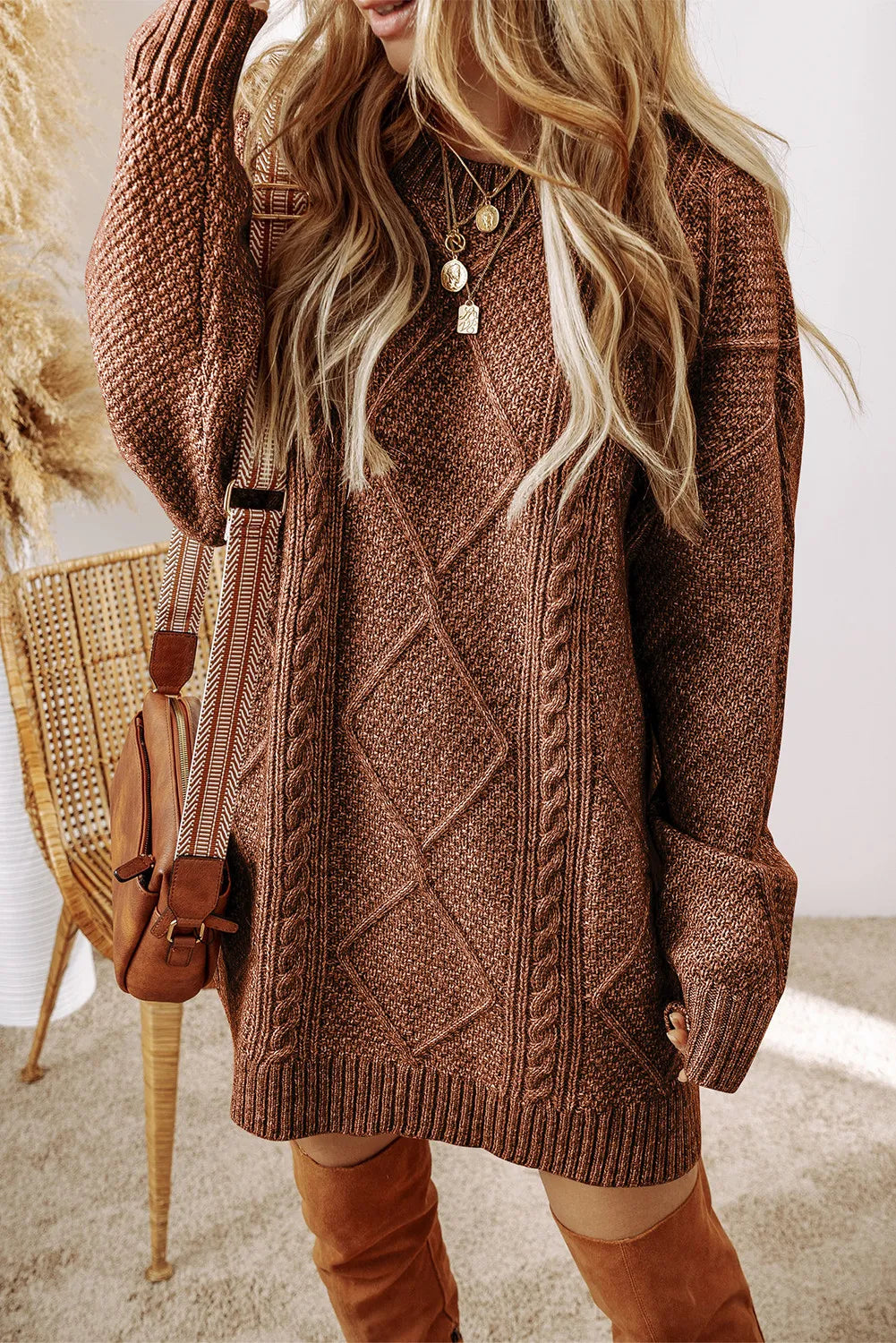 Cable-Knit Round Neck Sweater Dress - alternate view 7