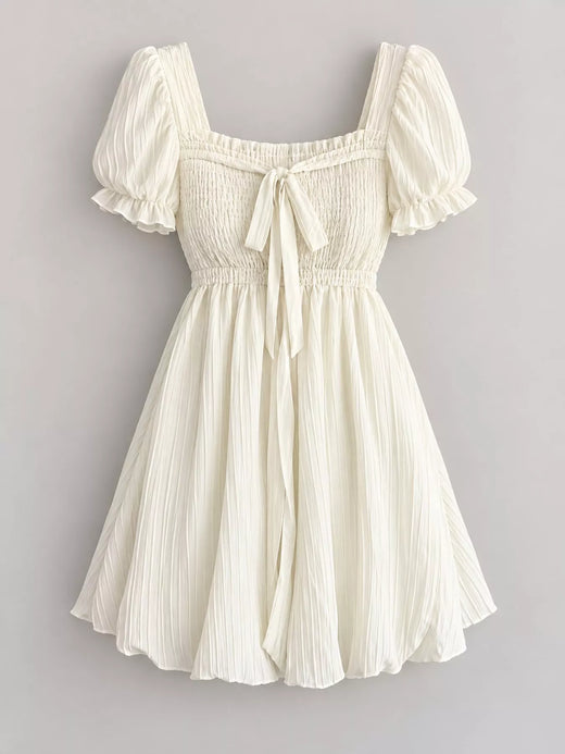 Puff-Sleeve Smocked Mini Dress with Tie-Front Detail - alternate view 4