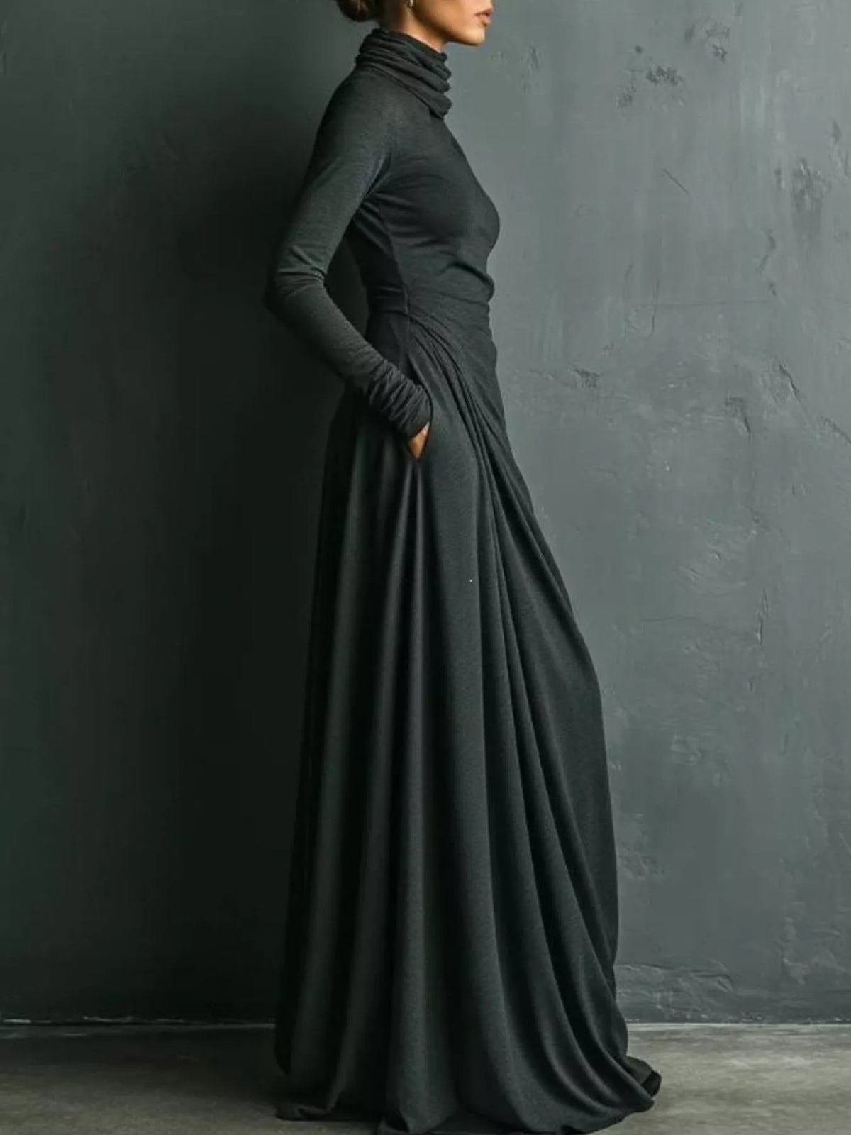 Turtleneck Long-Sleeve Draped Maxi Dress - alternate view 3