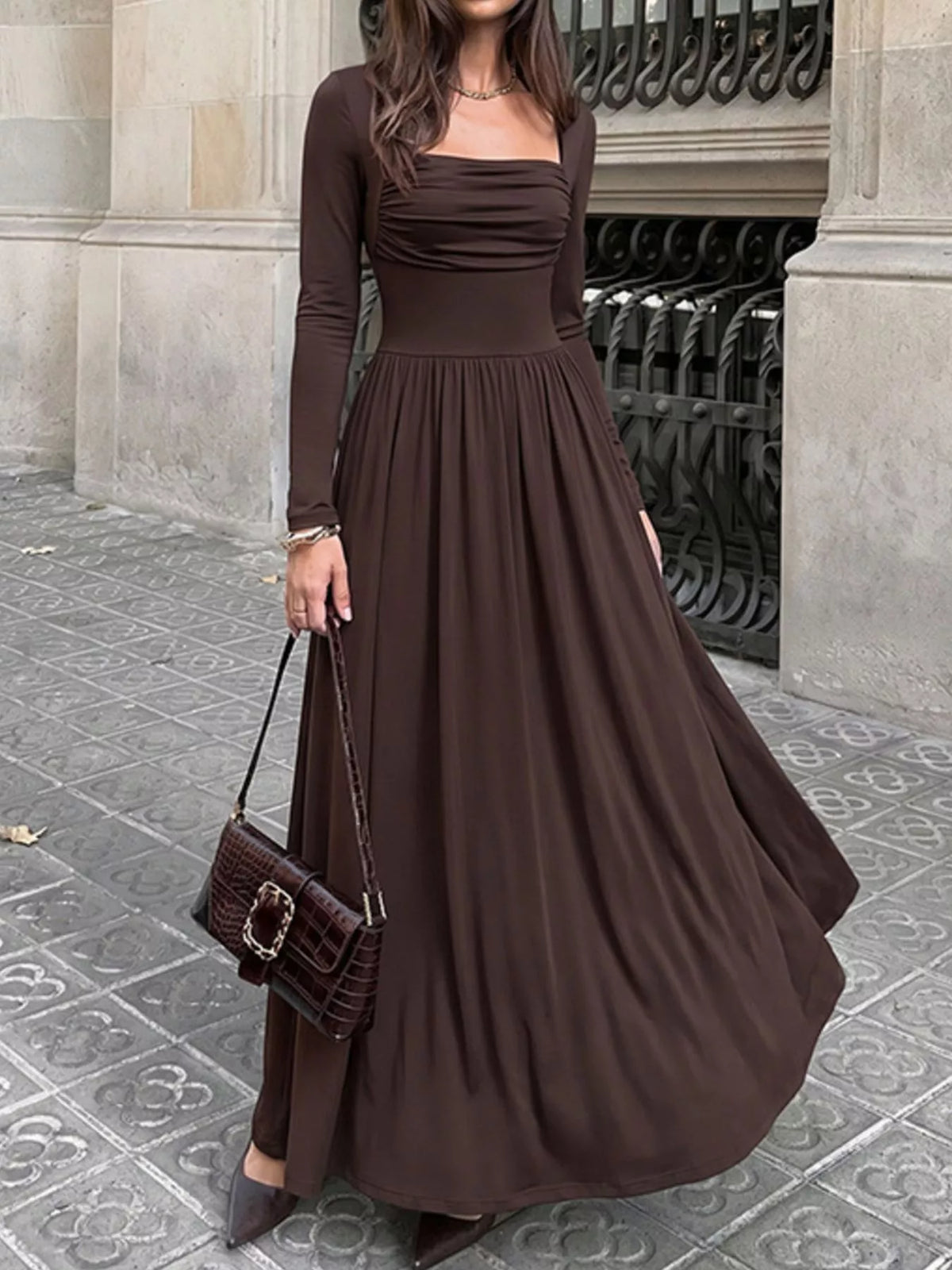 Ruched Square Neck Long Sleeve Maxi Dress - alternate view 4