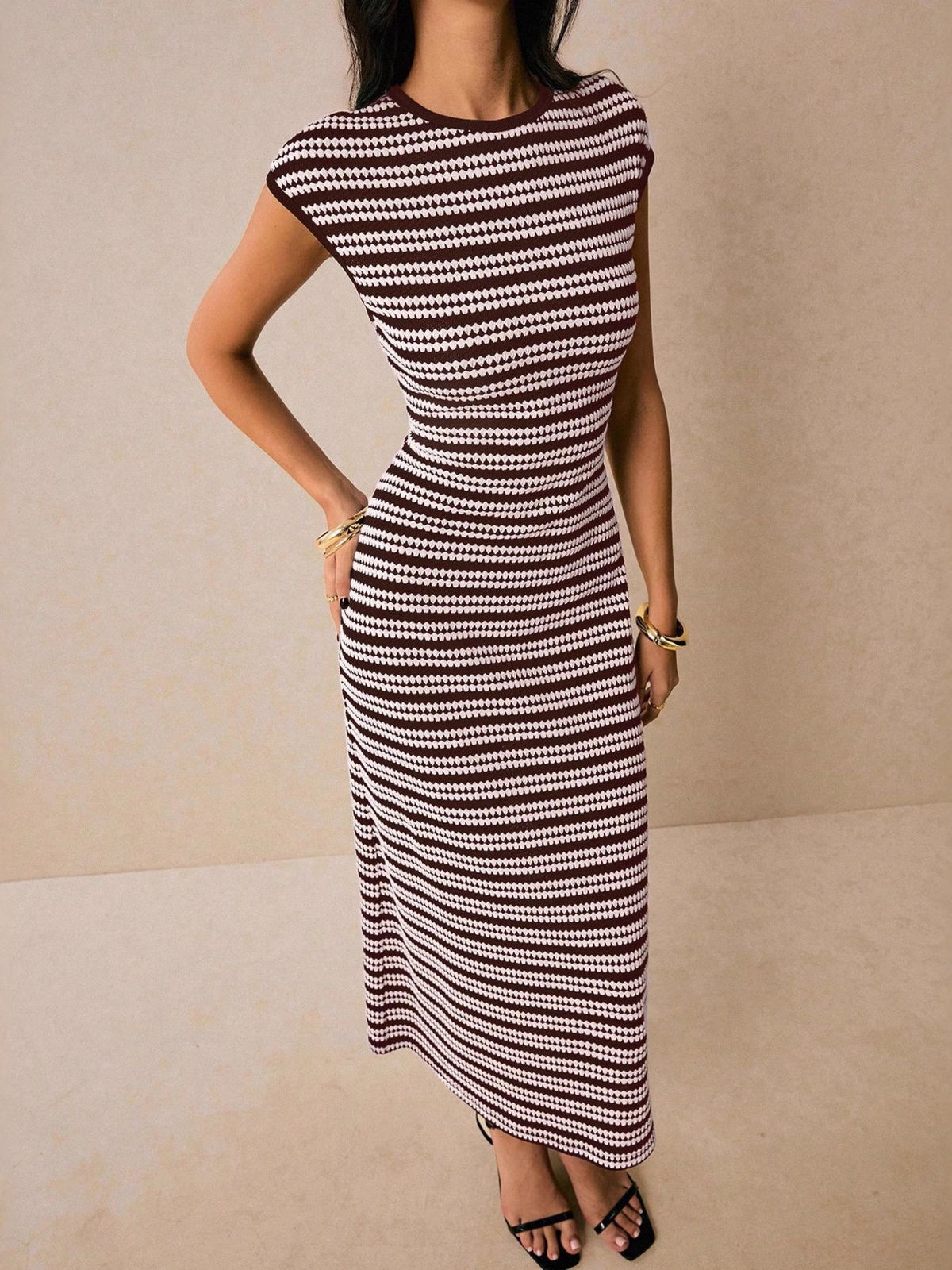 Striped Cap Sleeve Bodycon Midi Dress - alternate view 5