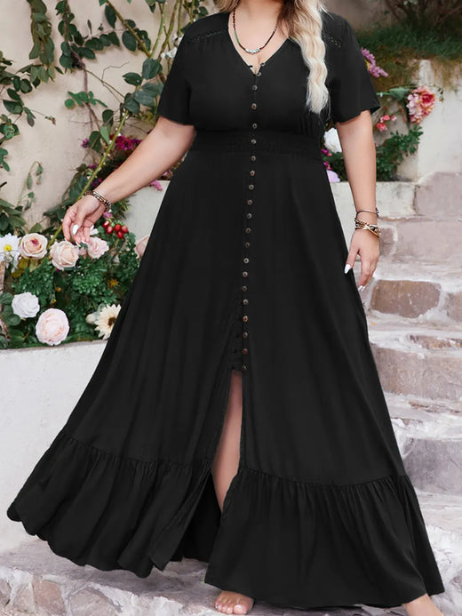 Ruffled Hem Button Down V-Neck Short Sleeve Maxi Dress - alternate view 5
