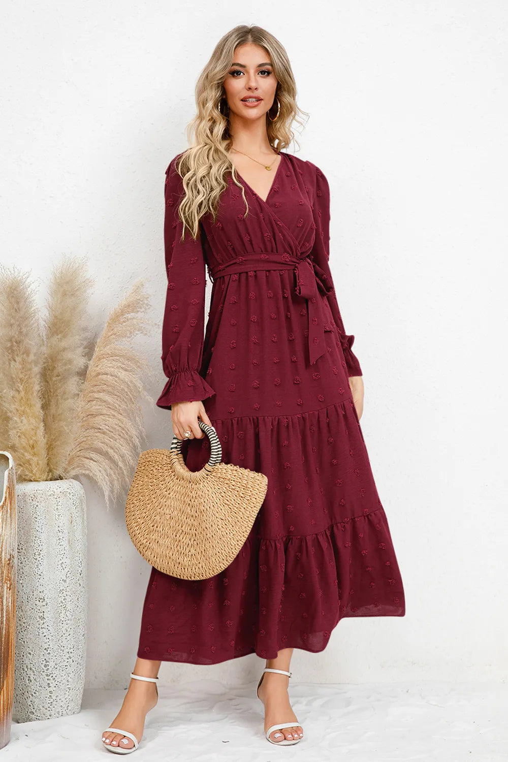 Swiss Dot Tied Surplice Flounce Sleeve Dress - alternate view 4