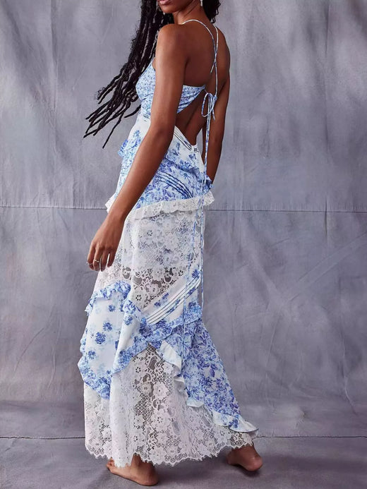 Lace Floral Print Ruffle Trim Maxi Dress - alternate view 5