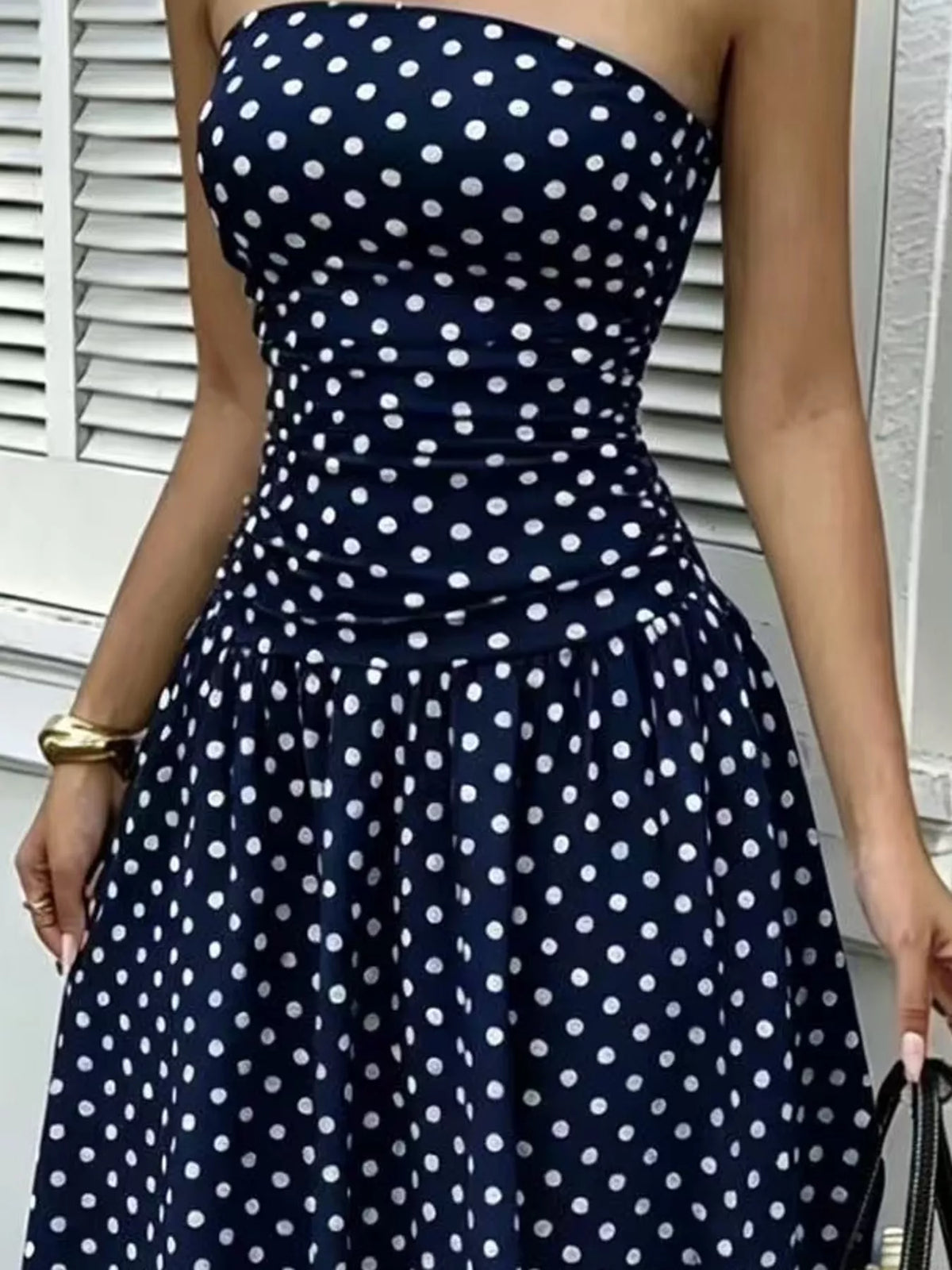 Strapless Polka Dot Ruched Maxi Dress - alternate view 34