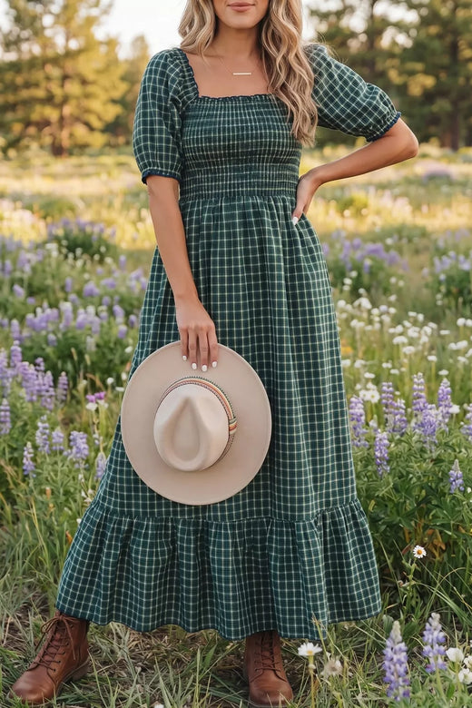 Plaid Square Neck Shirred High Waist Ruffle Hem Maxi Dress - alternate view 3
