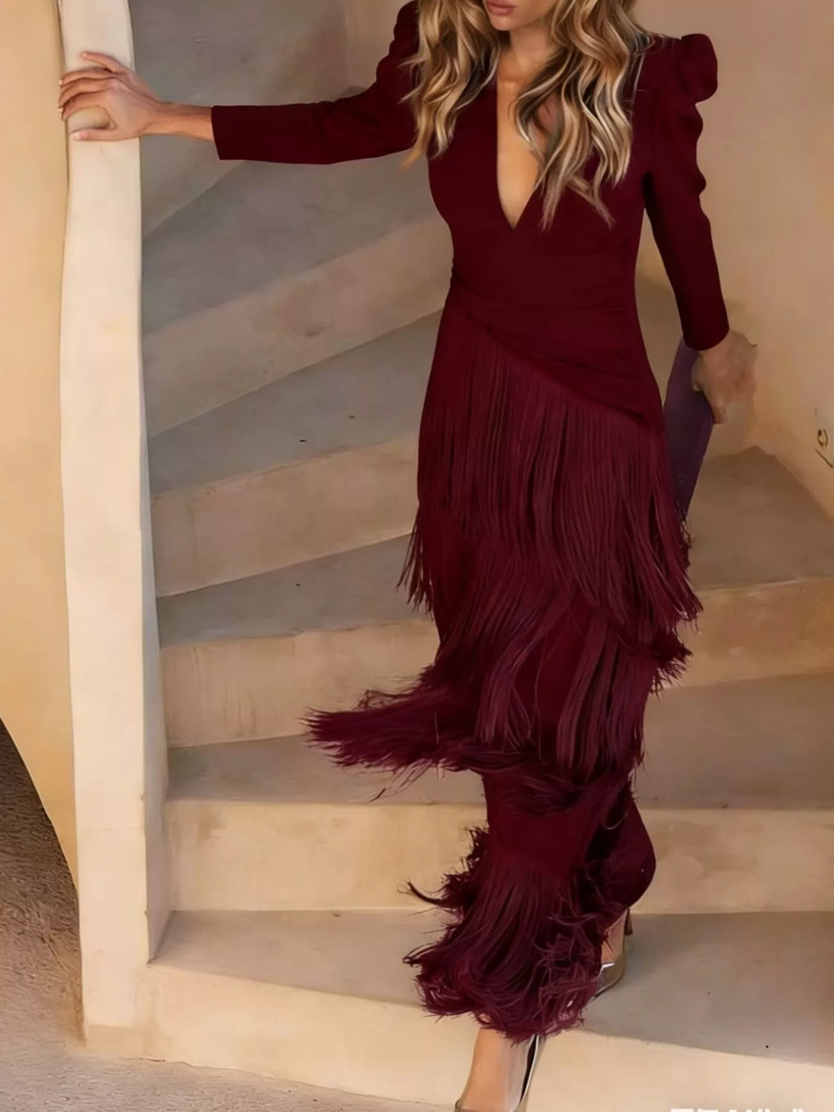 Fringed V-Neck Puff Sleeve Maxi Dress - alternate view 21
