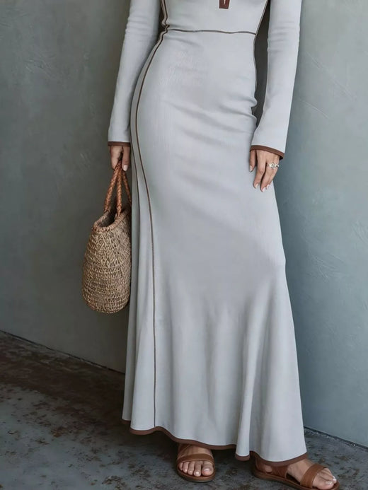 Full Size Contrast Trim Zip-Up Long Sleeve Knit Maxi Dress Plus Size - alternate view 6