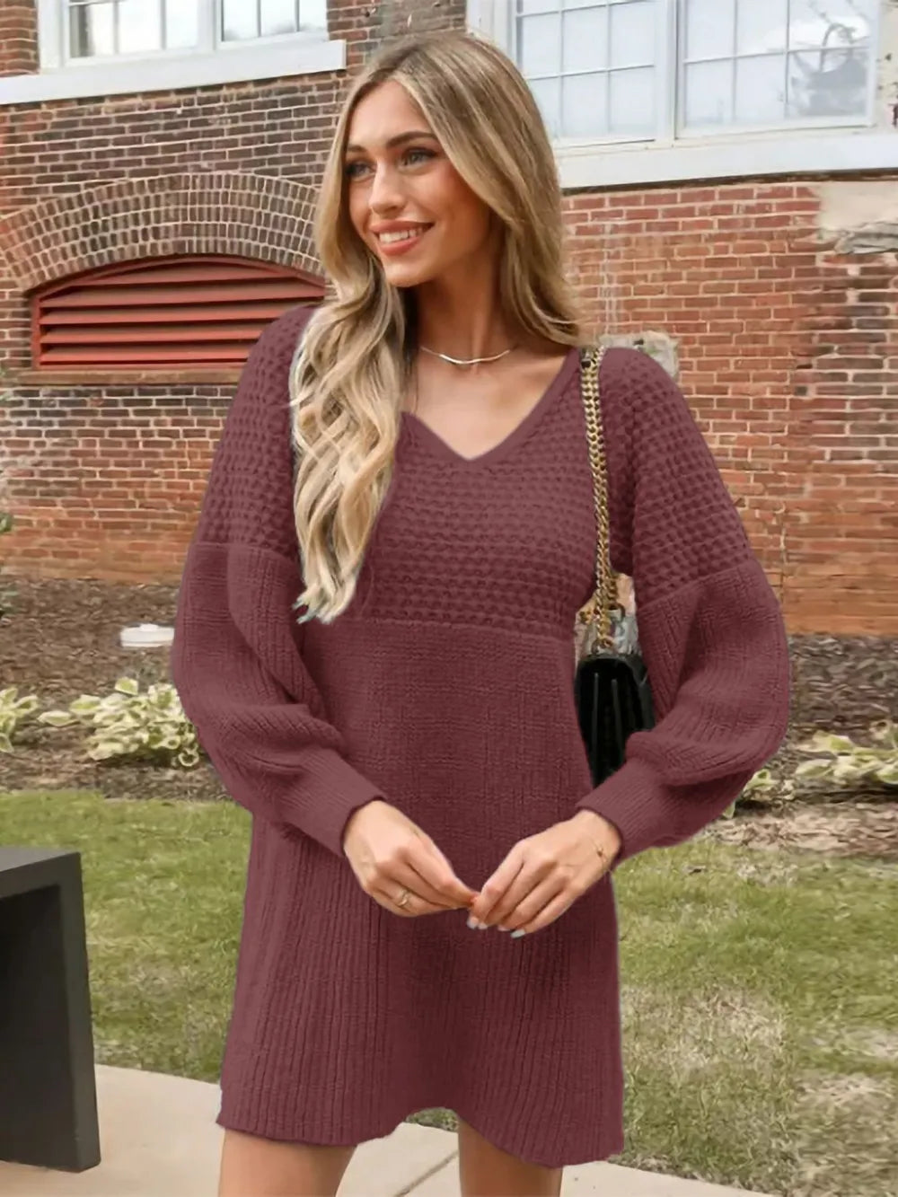 Perfee V-Neck Long Sleeve Sweater Dress - alternate view 5