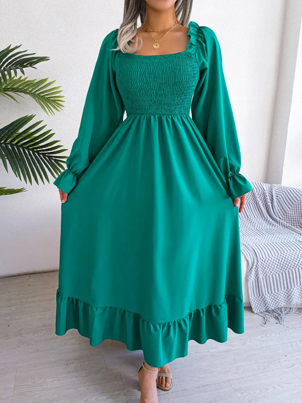 Smocked Square Neck Flounce Sleeve Dress - alternate view 14