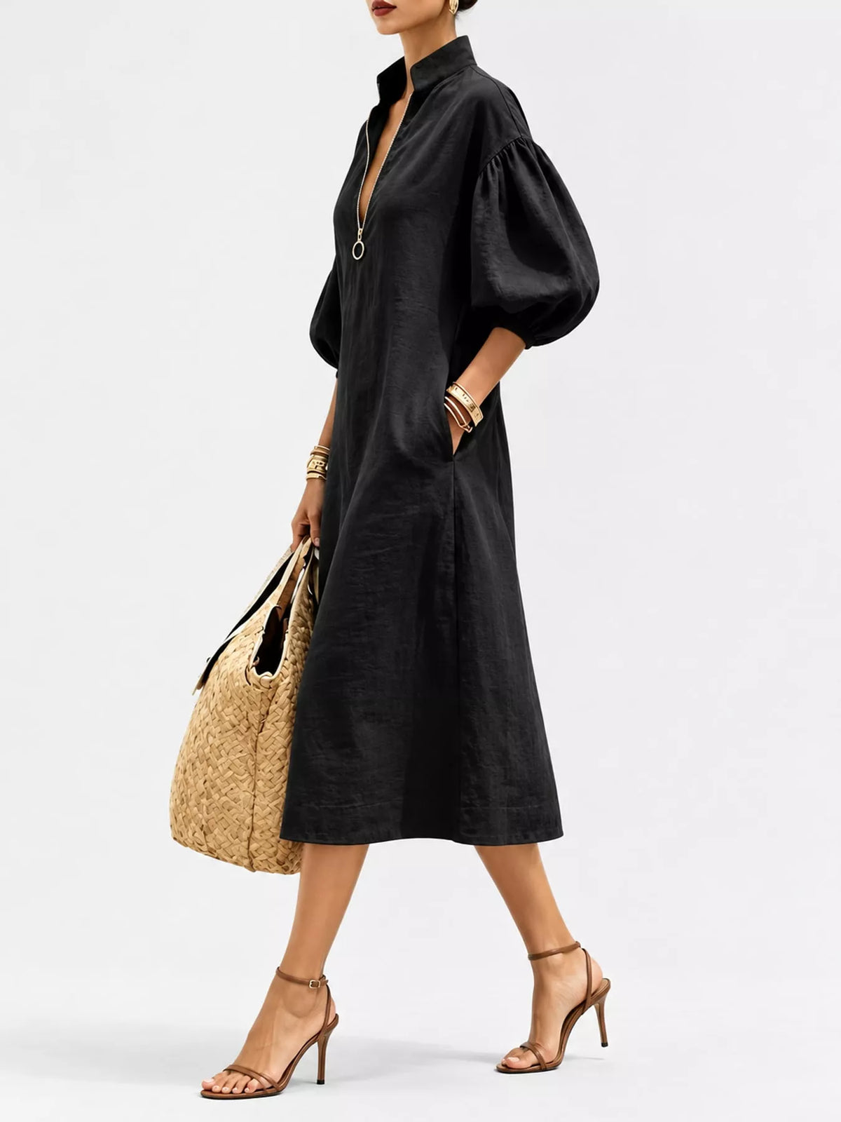 Half-Zip Puff Sleeve Midi Dress - alternate view 15