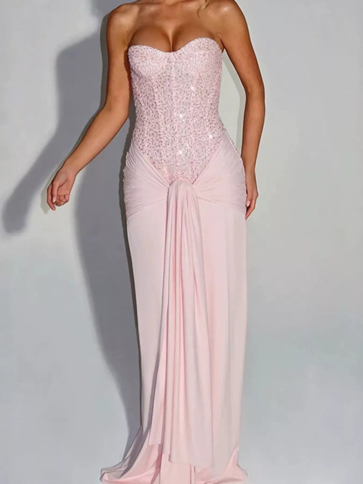 Elegant Strapless Sequin Corset Maxi Dress with Draped Waist Detail - alternate view 30