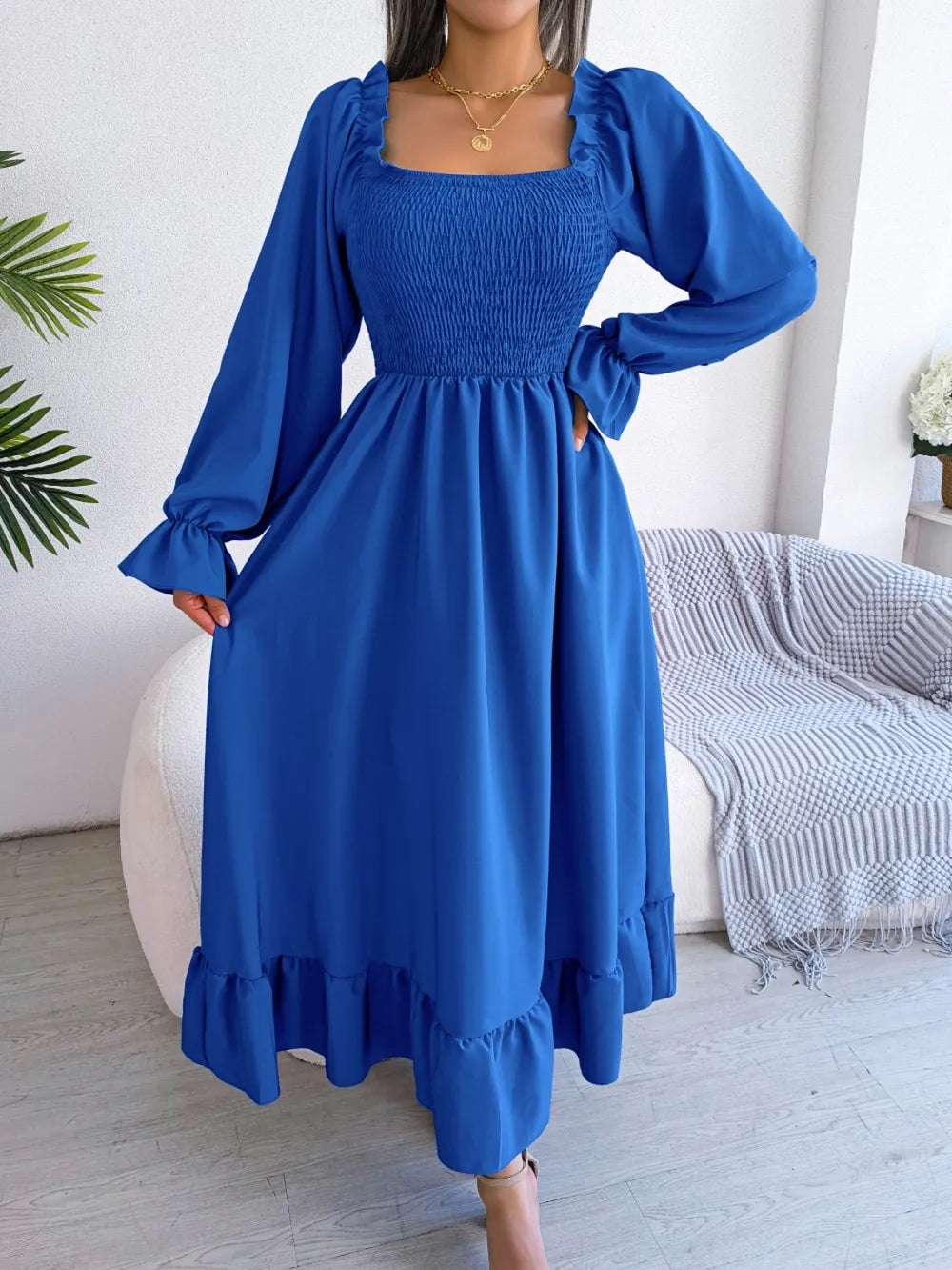 Smocked Square Neck Flounce Sleeve Dress - alternate view 26