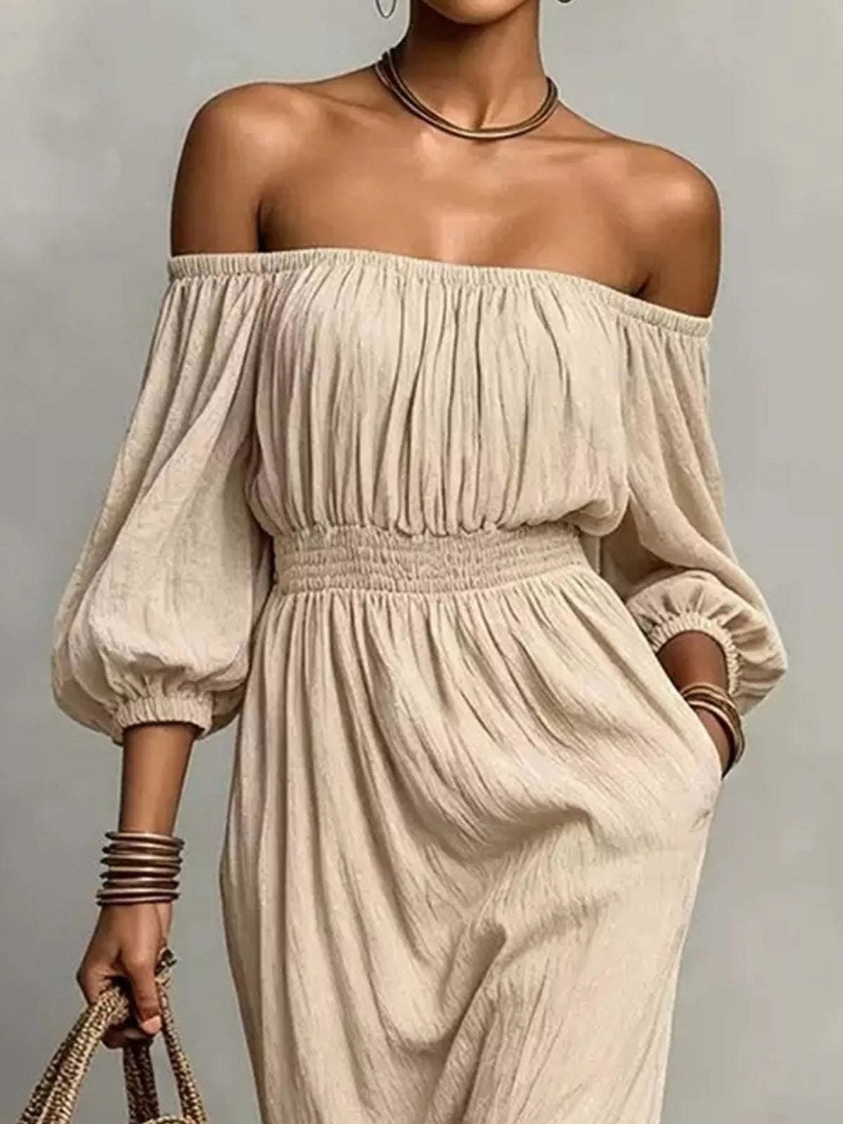 Off-Shoulder Smocked Waist Maxi Dress - alternate view 2