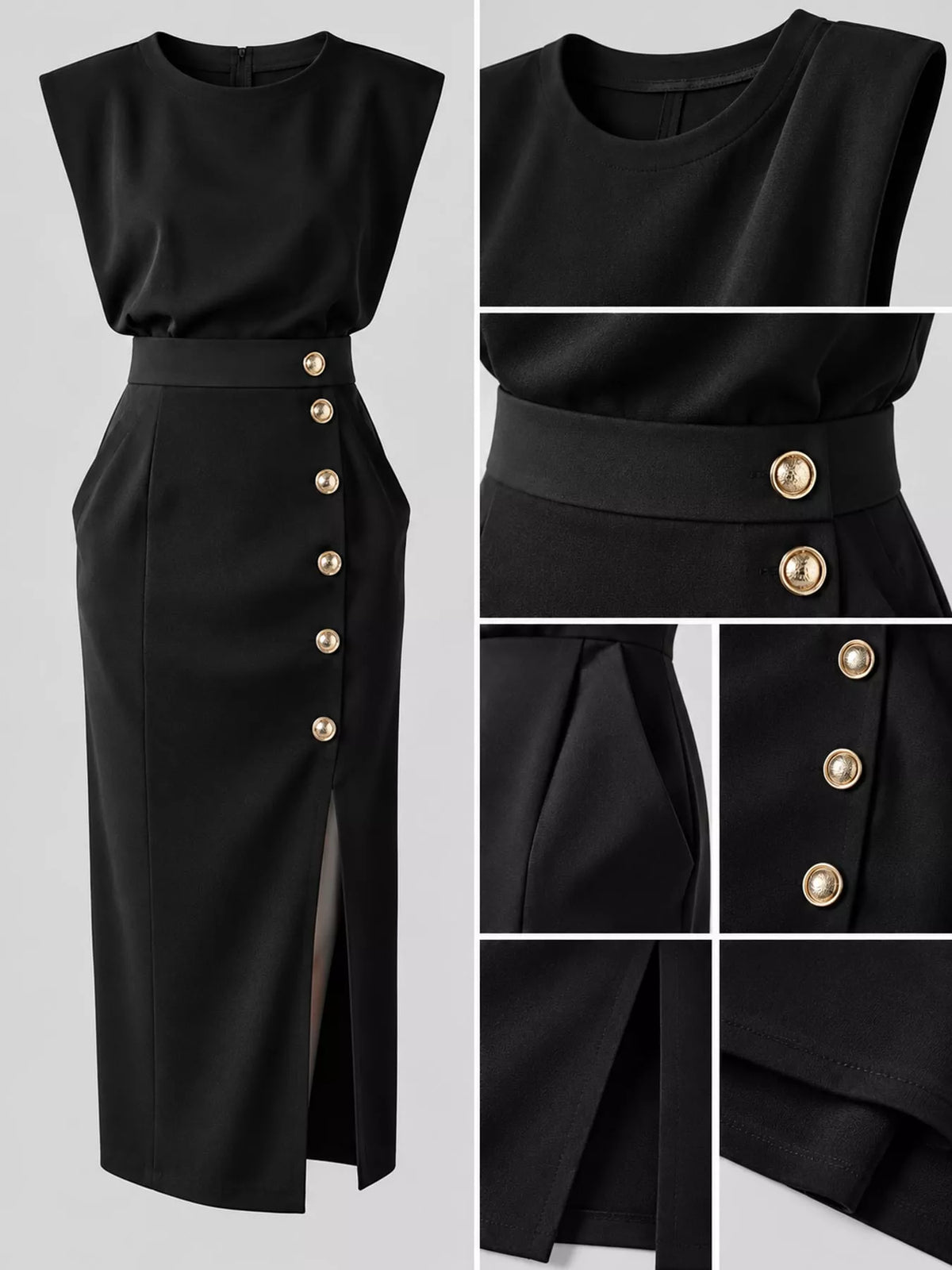 Sleeveless Midi Dress with Gold Button Detail and Side Slit - alternate view 5