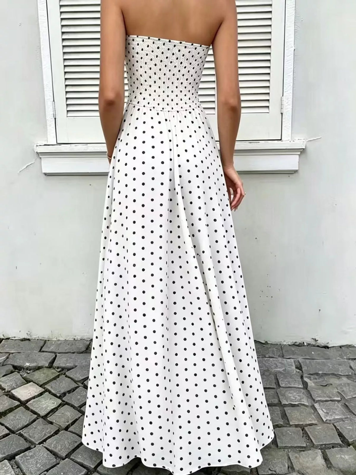 Strapless Polka Dot Ruched Maxi Dress - alternate view 5
