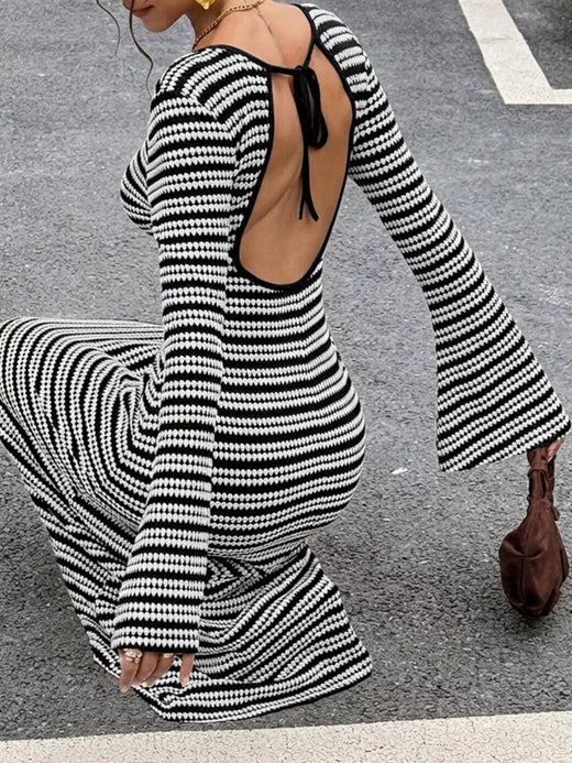 Backless Striped Ribbed Knit Maxi Dress with Flared Sleeves - alternate view 4