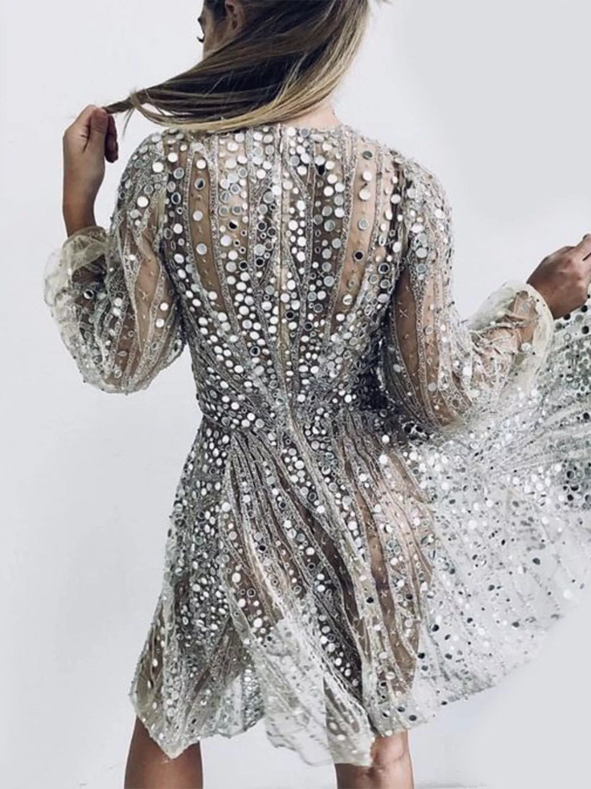 Sequin Deep V-Neck Long Sleeve Mini Dress - alternate view 4