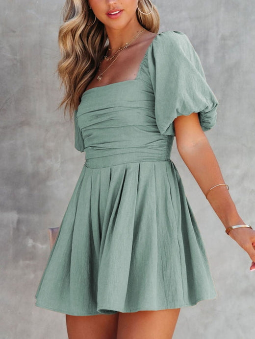 Square Neck Ruched Puff Sleeve Romper - alternate view 2