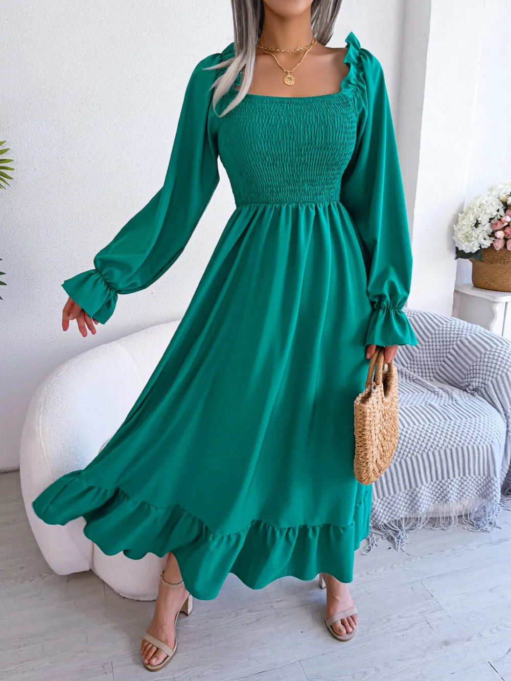 Smocked Square Neck Flounce Sleeve Dress - alternate view 19