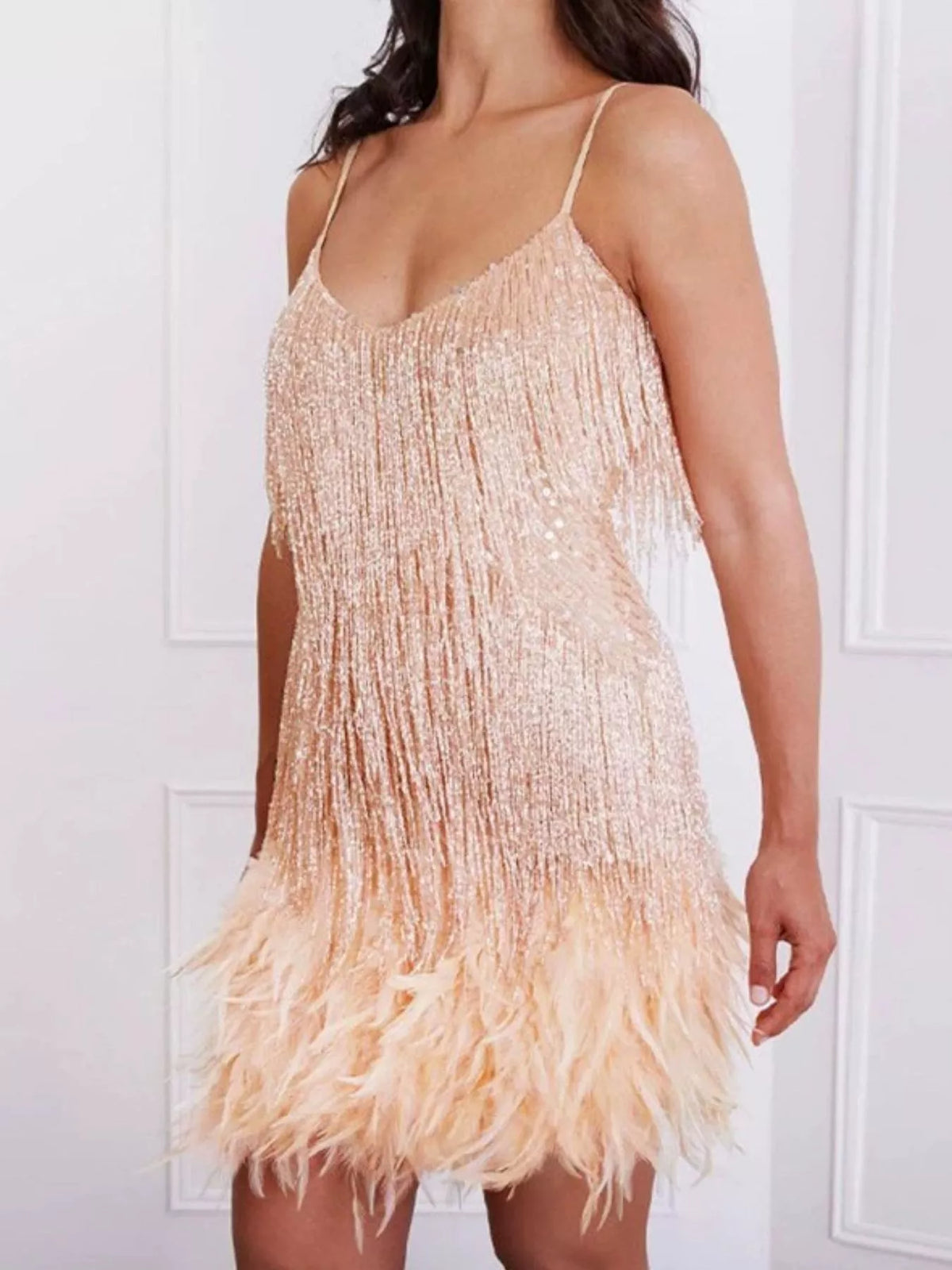 Full Size Sequin and Feather Fringe Sleeveless Mini Dress Plus Size - alternate view 4