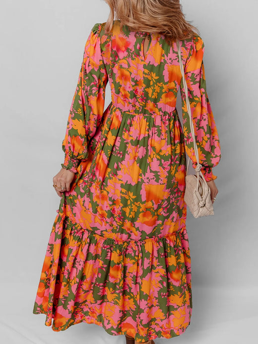 Smocked Floral Print Long Sleeve Maxi Dress - alternate view 2