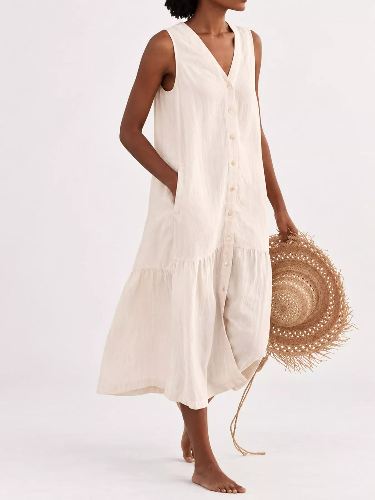 Full Size V-Neck Button Front Sleeveless Midi Dress Plus Size - alternate view 7
