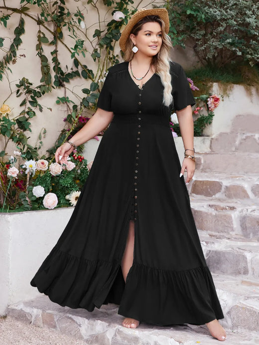 Ruffled Hem Button Down V-Neck Short Sleeve Maxi Dress - alternate view 2