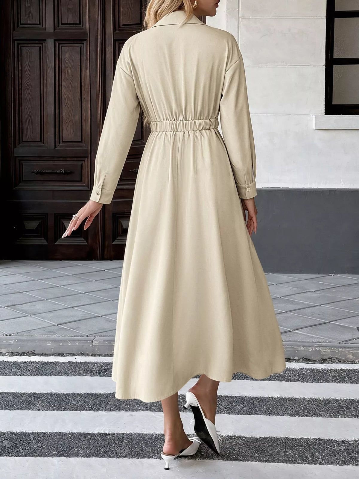 Pleated Button Detail Long Sleeve Shirt Dress - alternate view 6