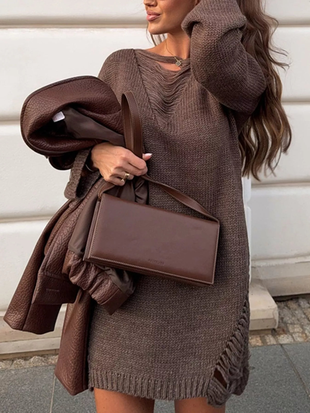 Distressed Dropped Shoulder Sweater Dress - alternate view 2
