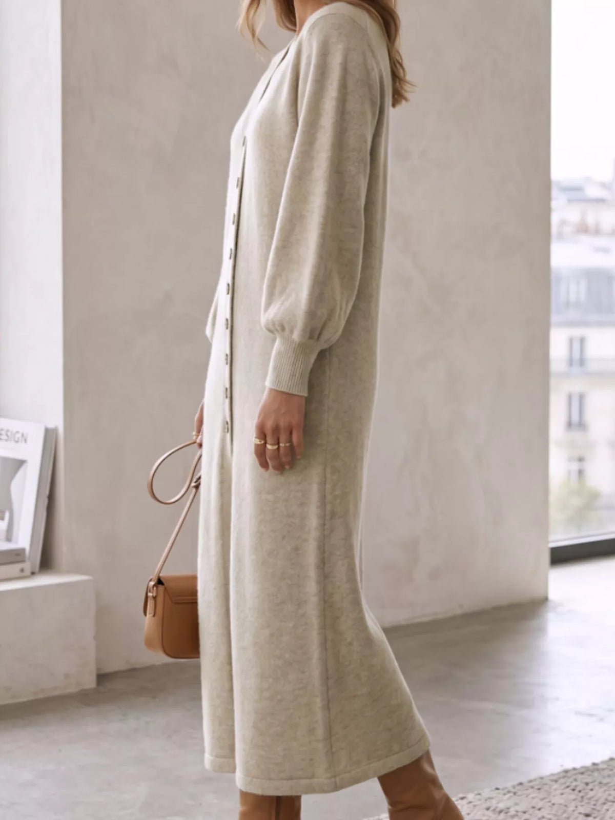 Button Front Long Sleeve Sweater Dress - alternate view 3