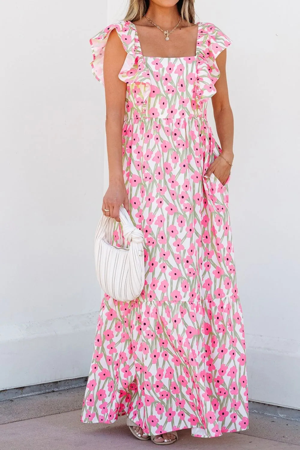 Floral Print Square Neck Ruffled Cap Sleeve Maxi Dress - alternate view 2