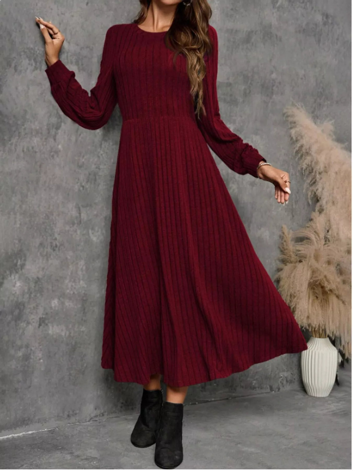 Ribbed Knit Long Sleeve A-Line Midi Dress - alternate view 11