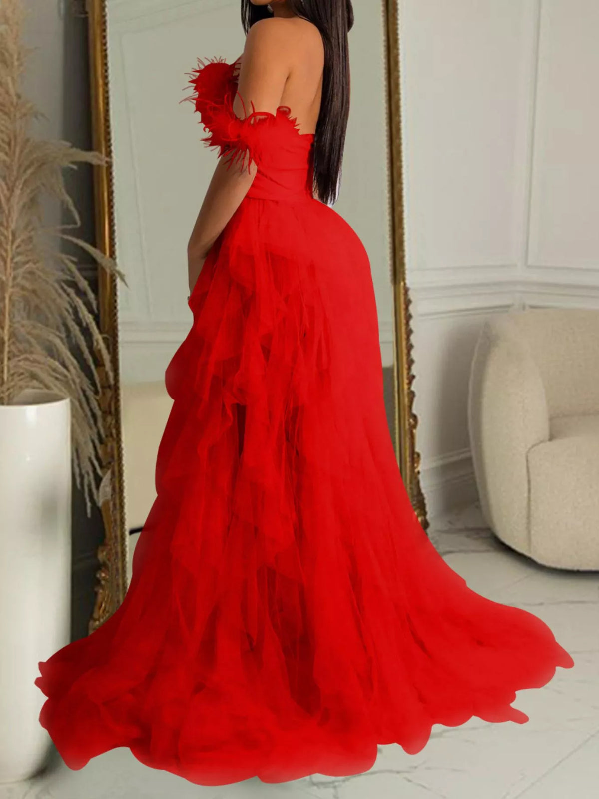 Feathered Corset Tulle Evening Dress - alternate view 2