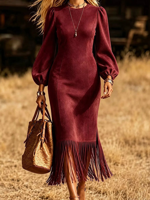 Fringe Hem Balloon Sleeve Midi Dress - alternate view 5