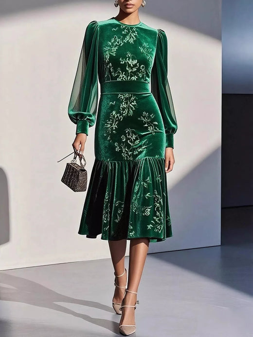 Velvet Floral Lantern Sleeve Midi Dress - alternate view 4