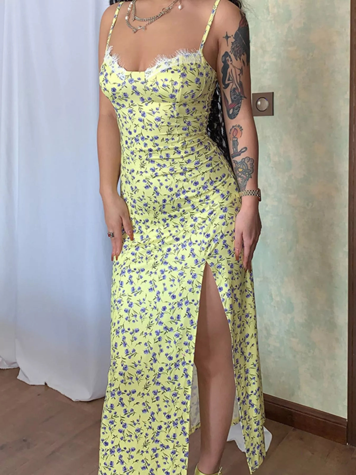 Floral Print Lace Trim Slit Midi Dress - alternate view 19