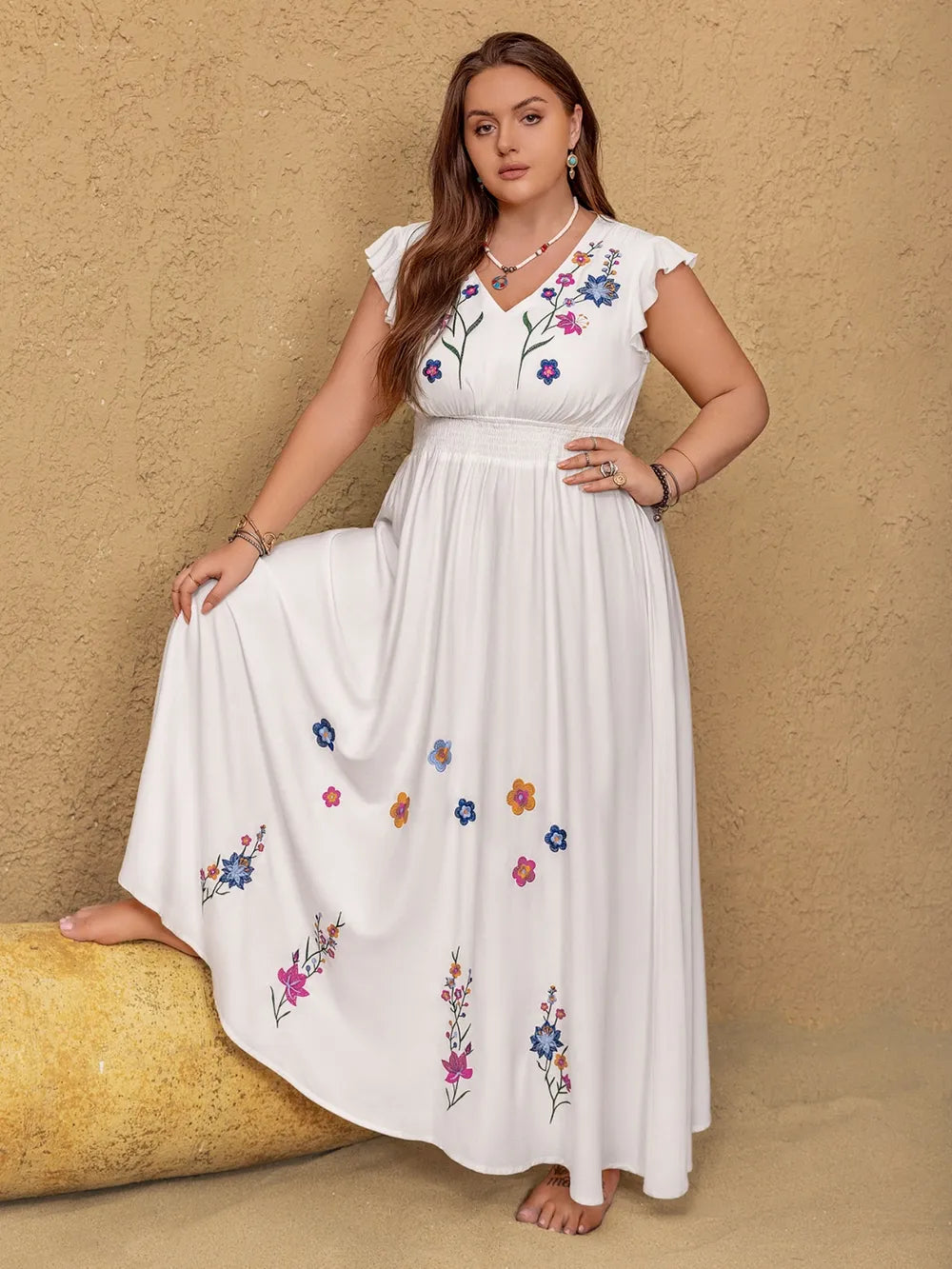 Embroidered Floral V-Neck Cap Sleeve Maxi Dress - alternate view 4