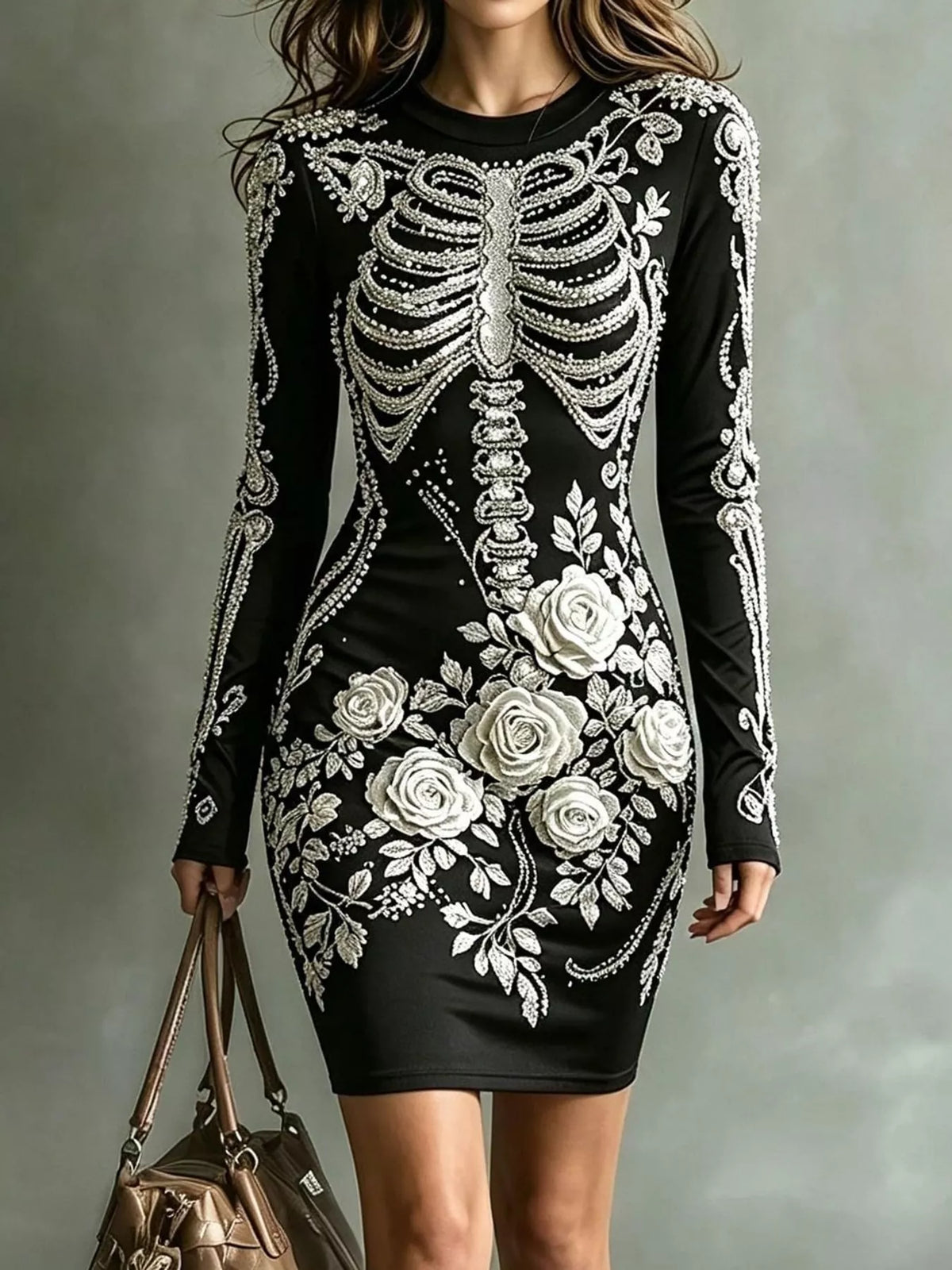 Skeleton Floral Long Sleeve Bodycon Dress