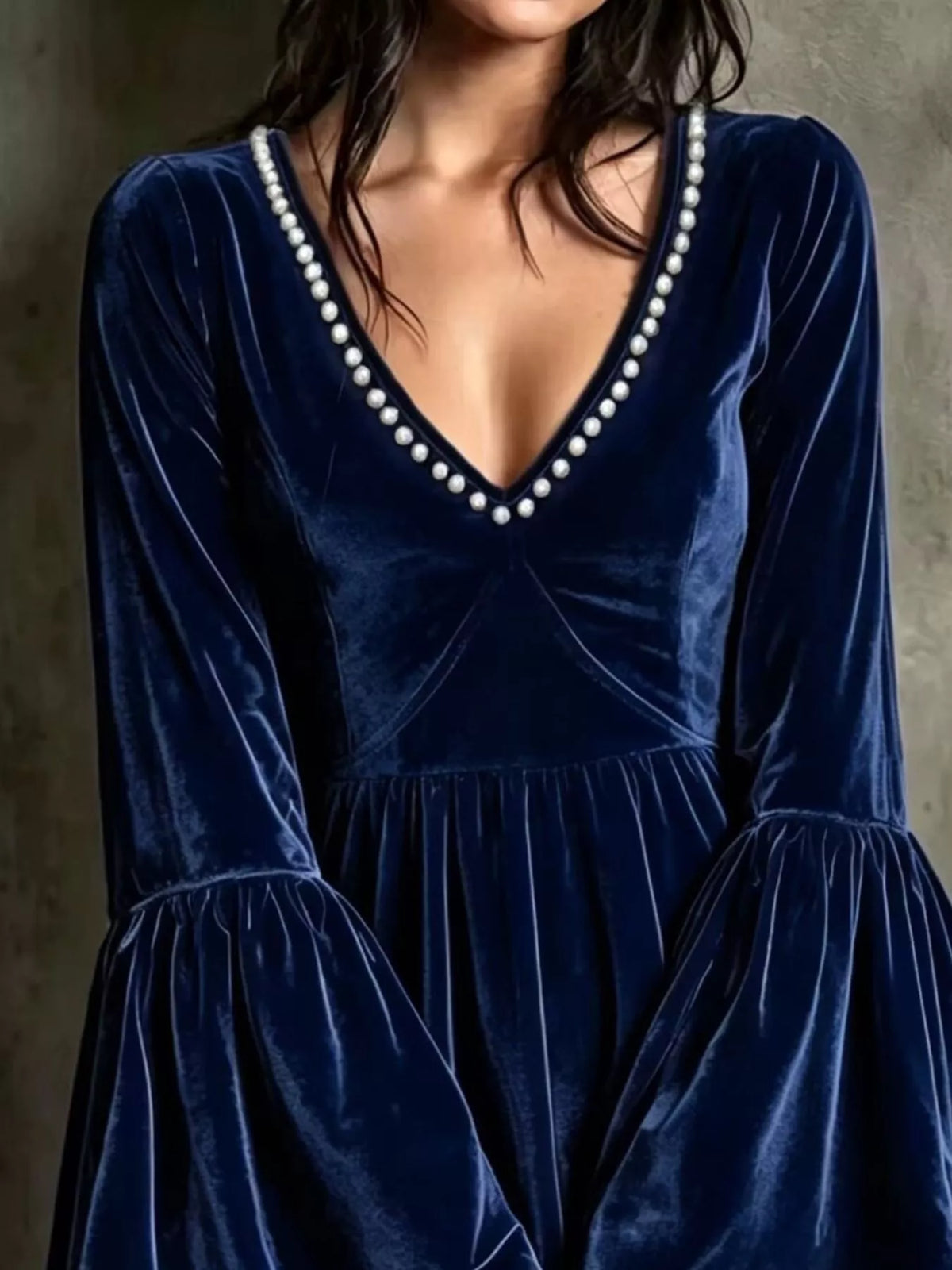 Full Size Velvet Bell-Sleeve Mini Dress with Pearl Embellished V-Neck Plus Size - alternate view 9