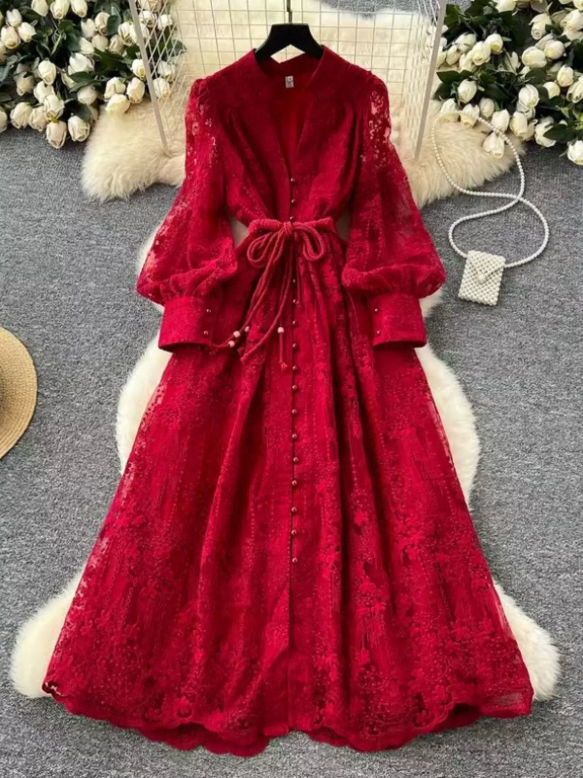 Lace Tie Waist Long Sleeve Dress - alternate view 9